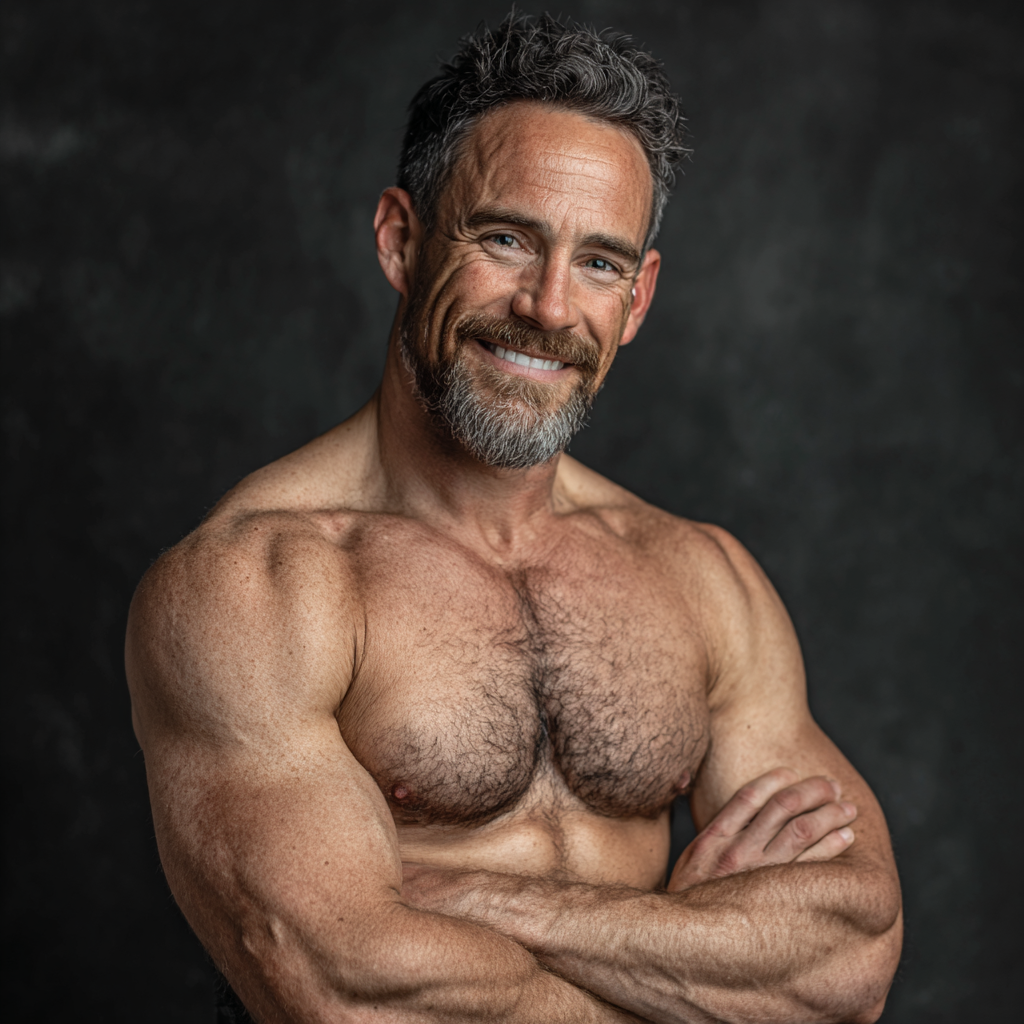 Professional portrait of satisfied male client in his mid-40s smiling confidently after fitness transformation